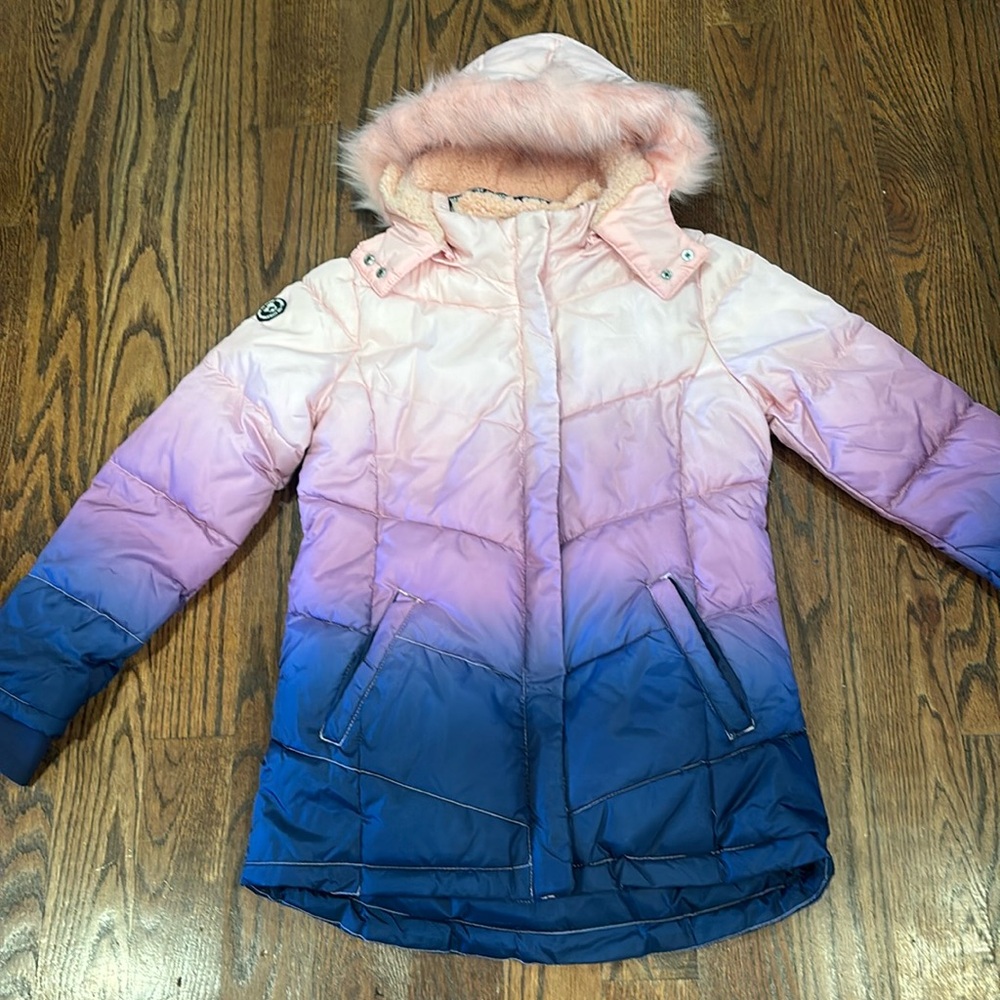 Justice Girls puffer coat. Pink Sherpa lining. Size Large (12-14)